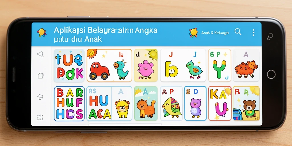 Tampilan antarmuka interaktif untuk belajar huruf dan angka.