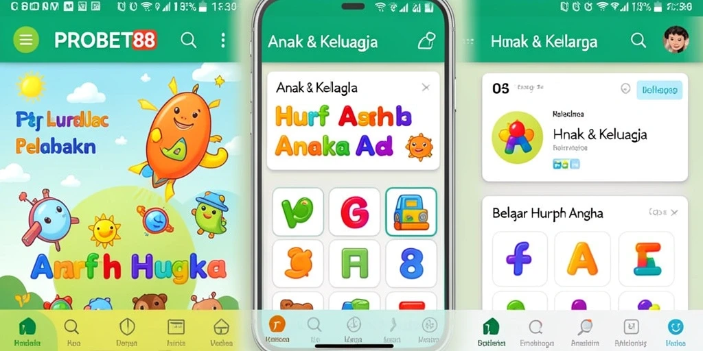 Antarmuka aplikasi PROBET88 untuk belajar huruf dan angka yang interaktif.